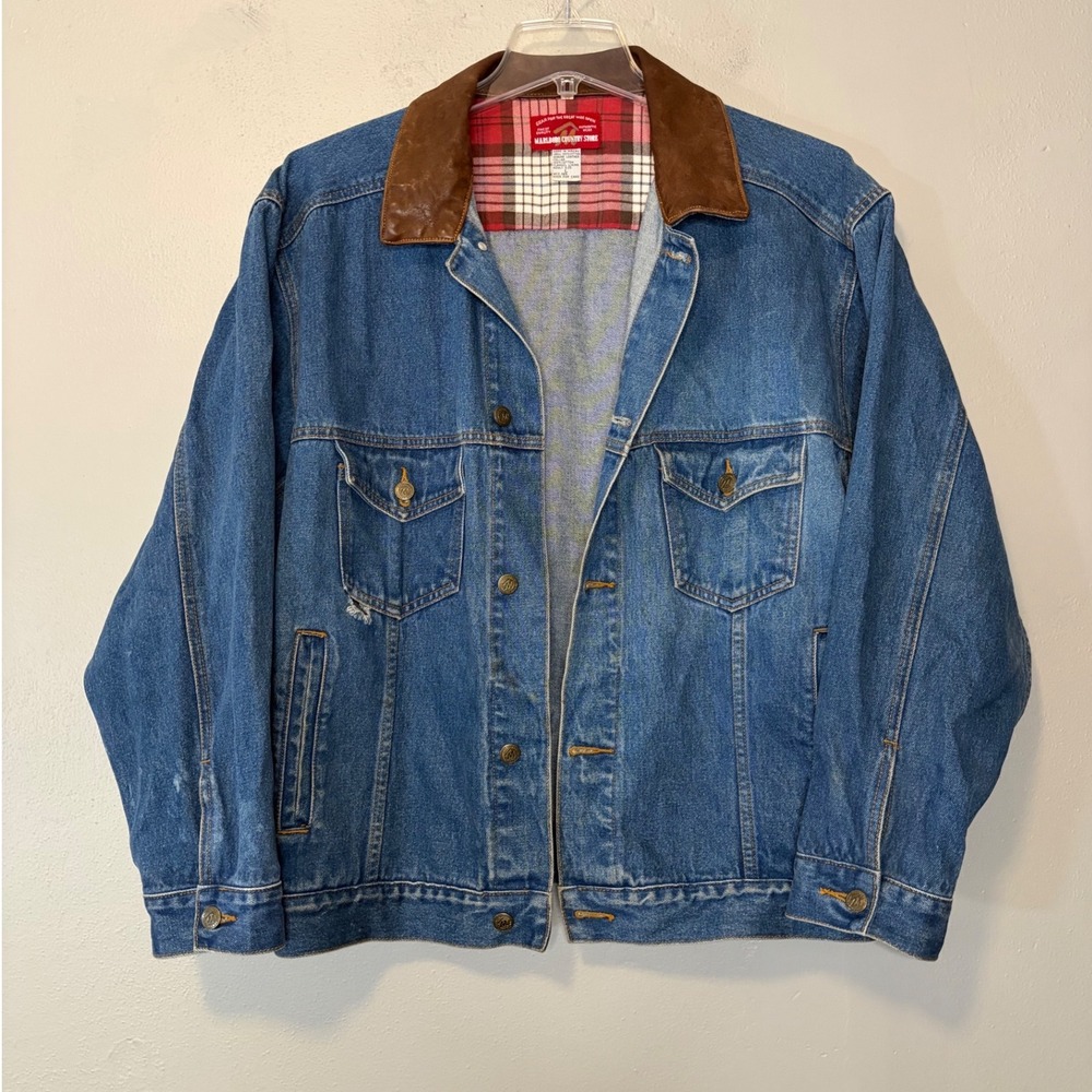 Vintage Marlboro Country Store Denim Jacket Leather Collar Plaid Lined Large